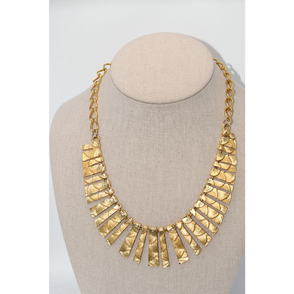 Egyptian Revival Style Gold Tone Fringe Necklace Statement Bib 19 Inch